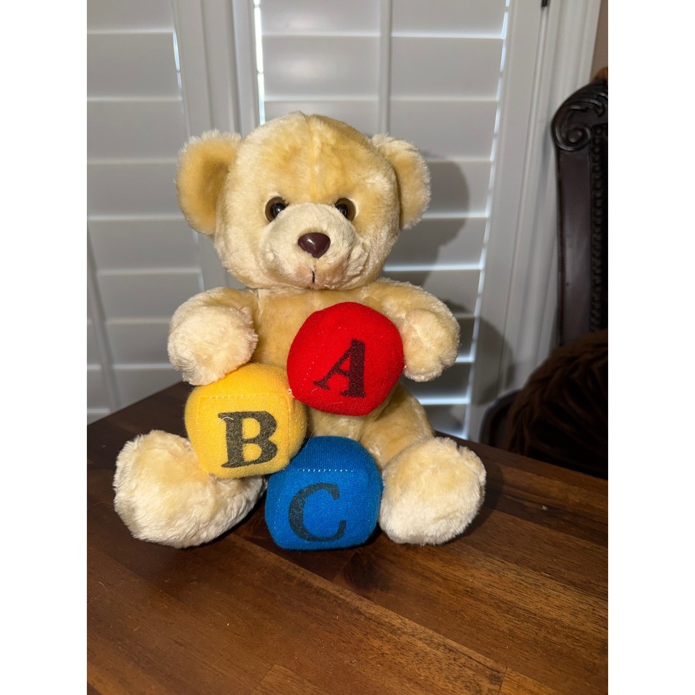Vintage Tan Teddy Bear Plush with ABC Alphabet Blocks Nursery Decor 10 Inch